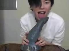 Japanese Cute Twink Licking Dildo Saliva